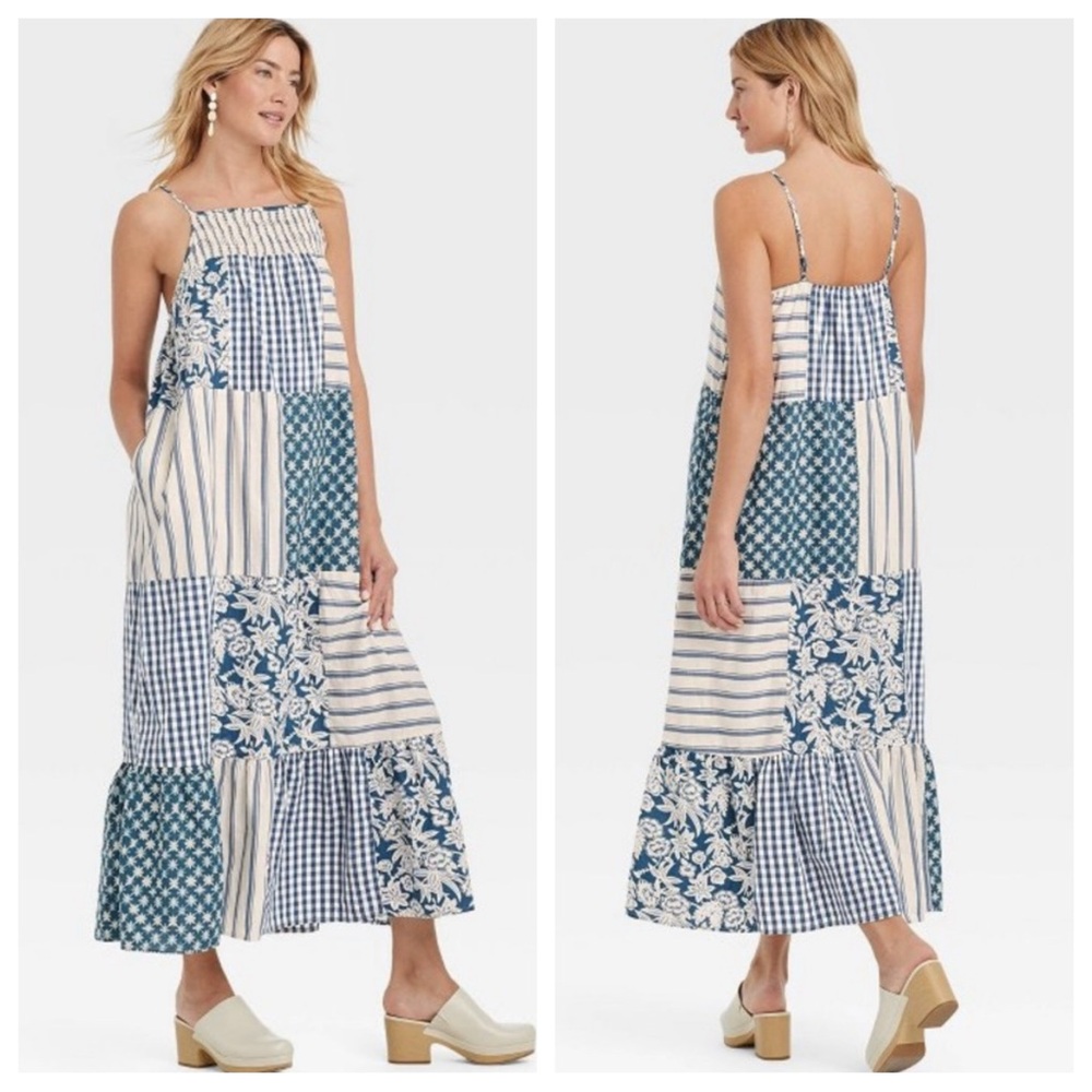 Universal Thread Blue and White Patchwork Maxi Dr… - image 1